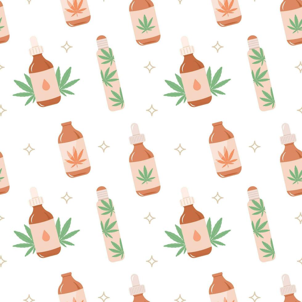 CBD oil seamless pattern in pastel colors. Hemp oil dropper, roller and green cannabis leaves vector background. Natural remedy, marijuana for medical design in pastel colors. Vector flat.