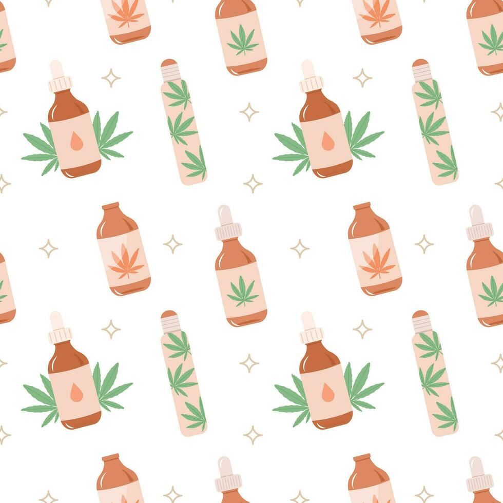 CBD oil seamless pattern in pastel colors. Hemp oil dropper, roller and green cannabis leaves vector background. Natural remedy, marijuana for medical design in pastel colors. Vector flat.