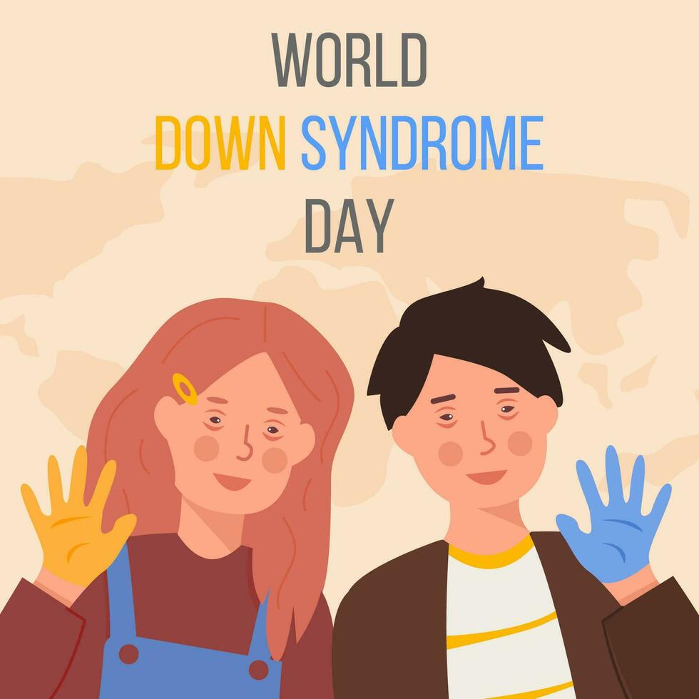Word Down Syndrome Day on March 21. Happy smiling girl and boy with down syndrome and Yellow and blue painted hands. Trisomy 21, genetic disorder concept. Vector illustration. Web banner in flat style