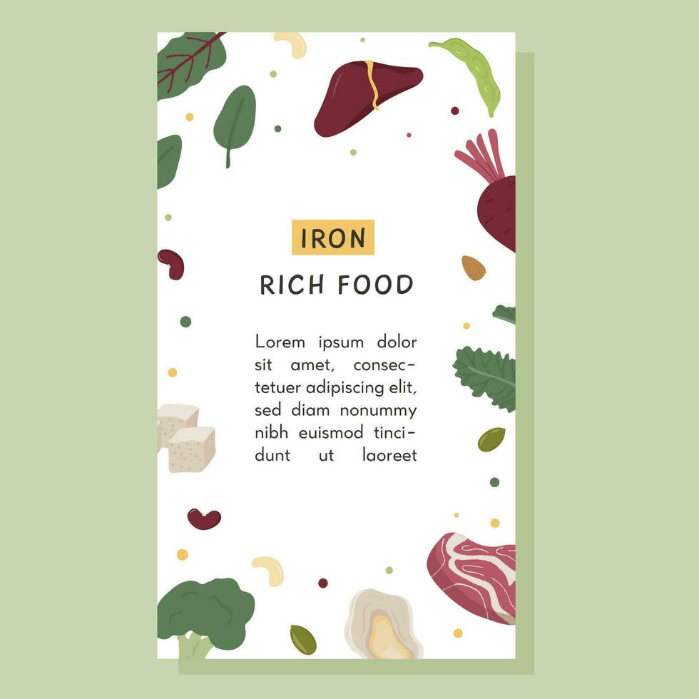 Collection of iron rich food. Red meat, liver, sea food, broccoli, tofu, legume, nuts. Dietetic product, organic natural nutrition. Flat vector illustration in circle. Infographic for Iron food source