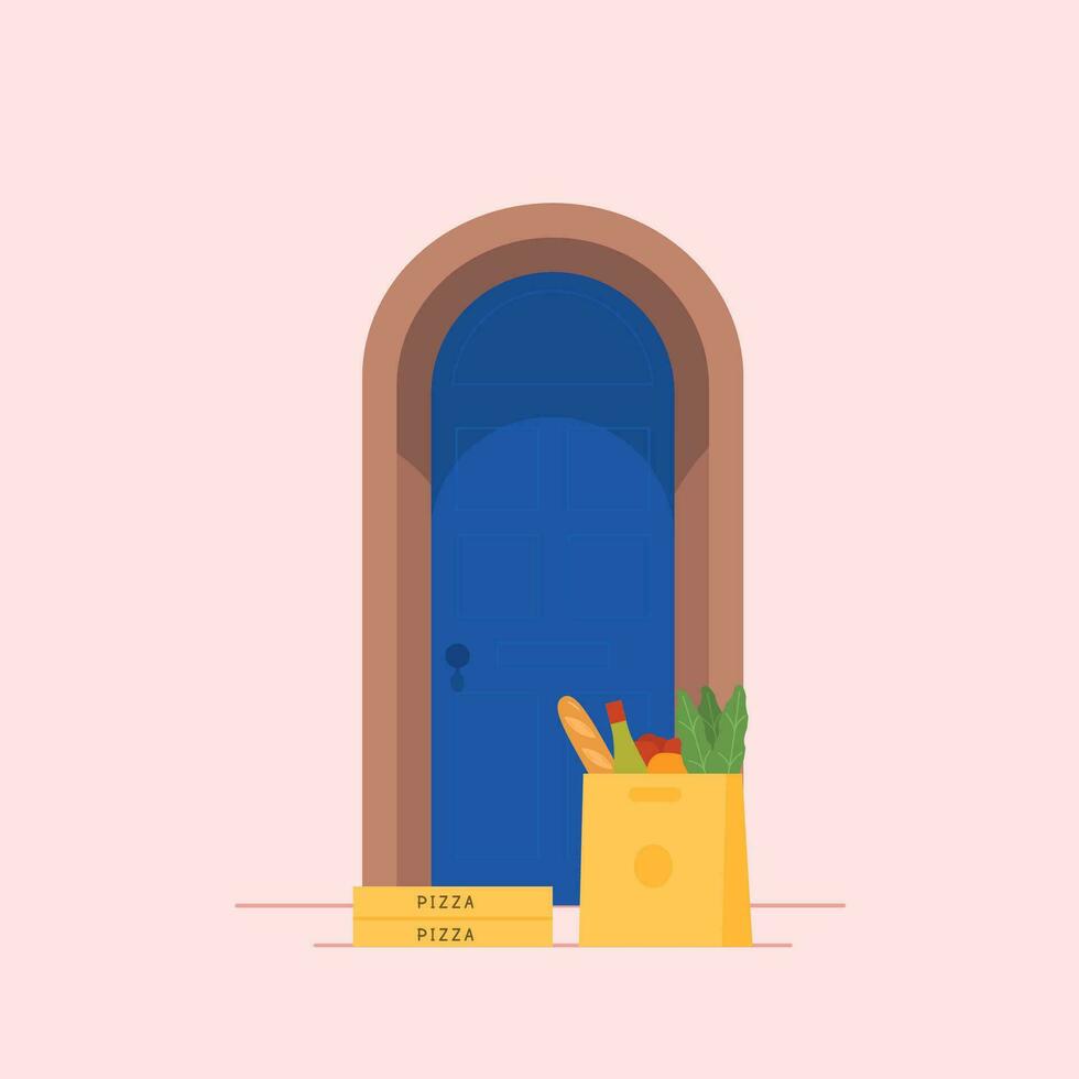 concepto de sin contacto comida entrega. brillante azul puerta con tienda de comestibles papel bolso y Pizza caja. seguro puerta a puerta servicio. en línea compras. vector plano ilustración.