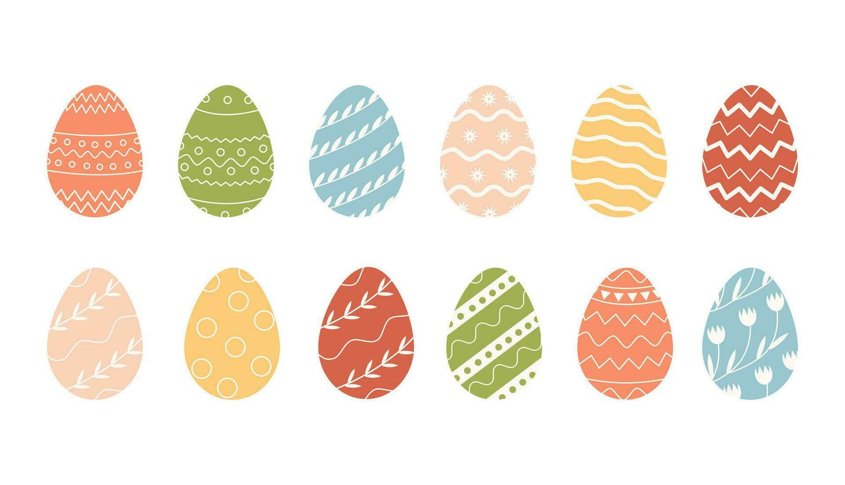 Bundle of decorated Easter eggs isolated on white background. Collection of colored symbols for religious spring holiday with various ornaments. Seasonal set for Paschal. Flat illustration. vector