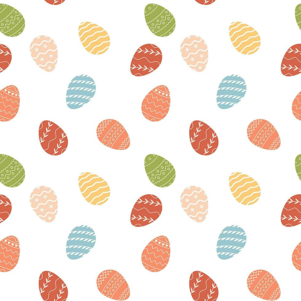 Happy Easter seamless pattern with decorated various ornaments of eggs on white background and blooming flowers. Festive print or web design. Flat vector for spring religious holiday Paschal.