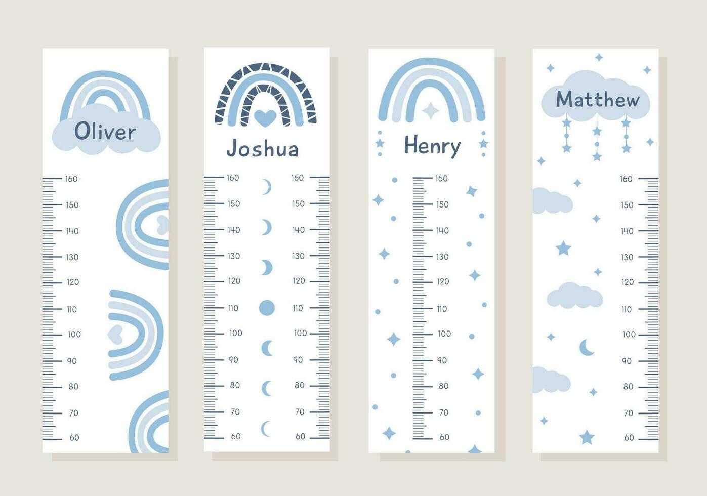 Big Vector Set of kids height charts with abstract boho shapes and rainbows in terracotta colors. Meter wall with trendy design. Children growth chart. Bohemian earthy celestial elements for nursery.
