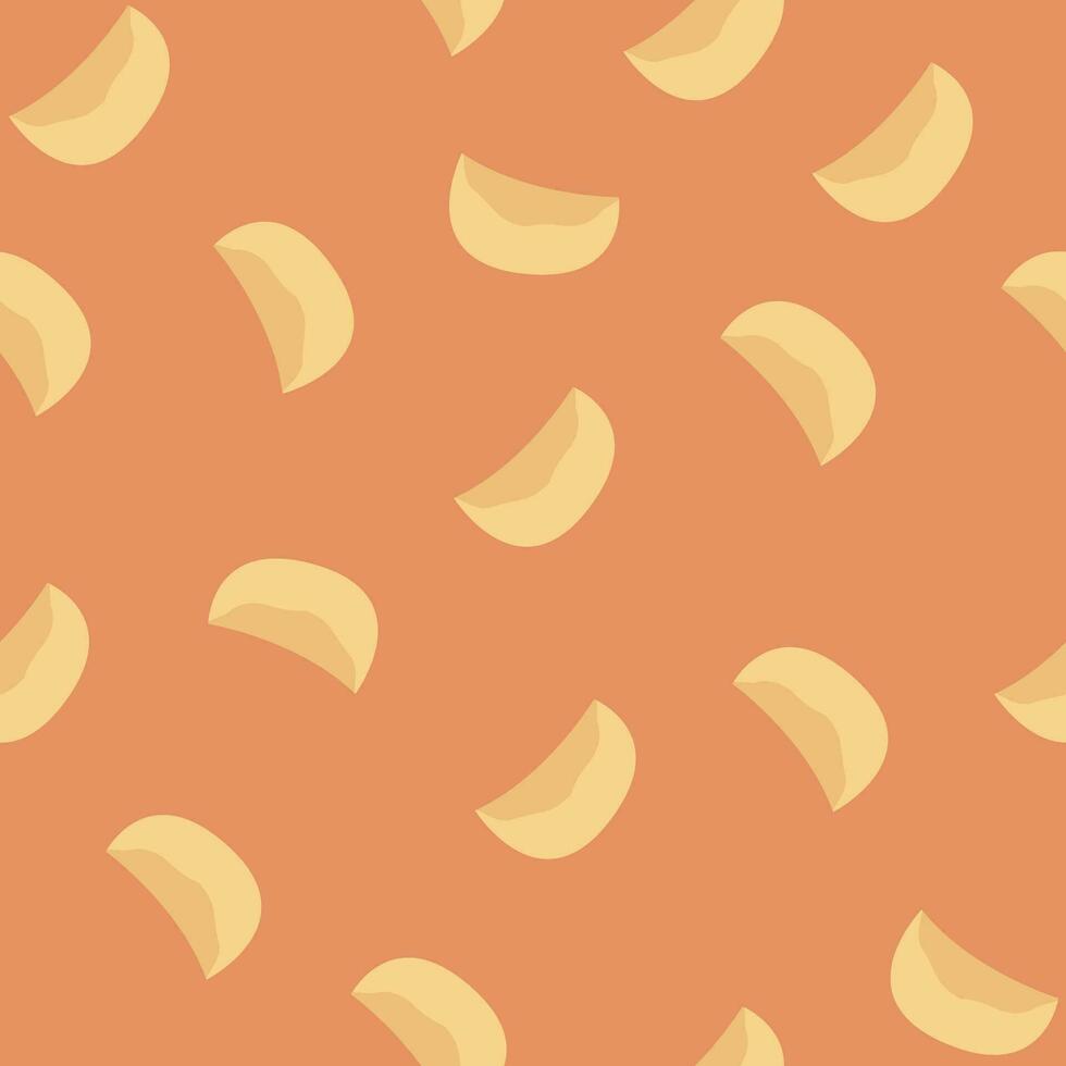 Seamless pattern of dumplings, varenyky, pelmeni, ravioli or momo, dim sum. Dumplings on orange background. Polish cuisine. Eastern european cuisine. Vector flat illustration of food in cartoon style.