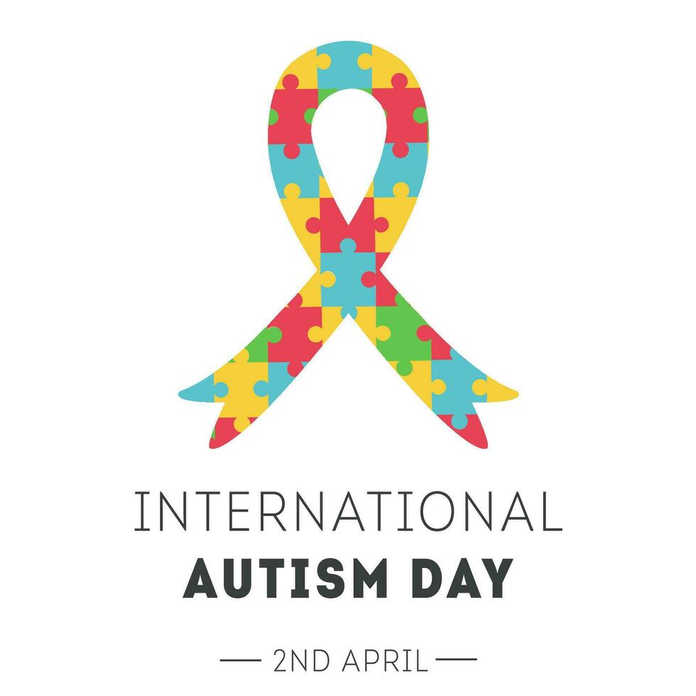 internacional autismo conciencia día bandera. cinta con vistoso rompecabezas piezas modelo. rompecabezas mosaico como símbolo de autista gente. social dificultad. mental trastorno. vector bandera o póster en blanco.