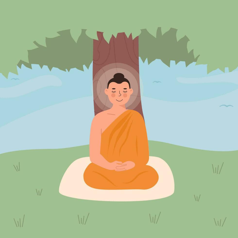 Cute Peaceful Lord Buddha in yellow robe meditating in lotus posture with closed eyes. Buddhist Religious Teacher or God. Flat vector cartoon character isolated on white background for children book.