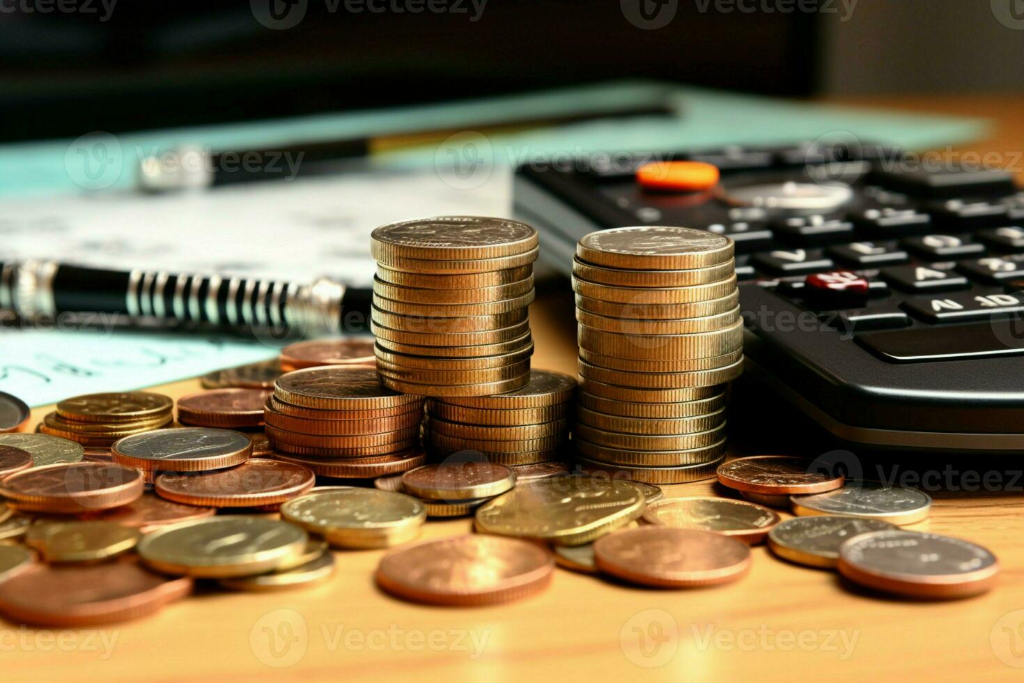 ai generado en el escritorio pila de monedas, calculadora, y financiero presupuesto foto