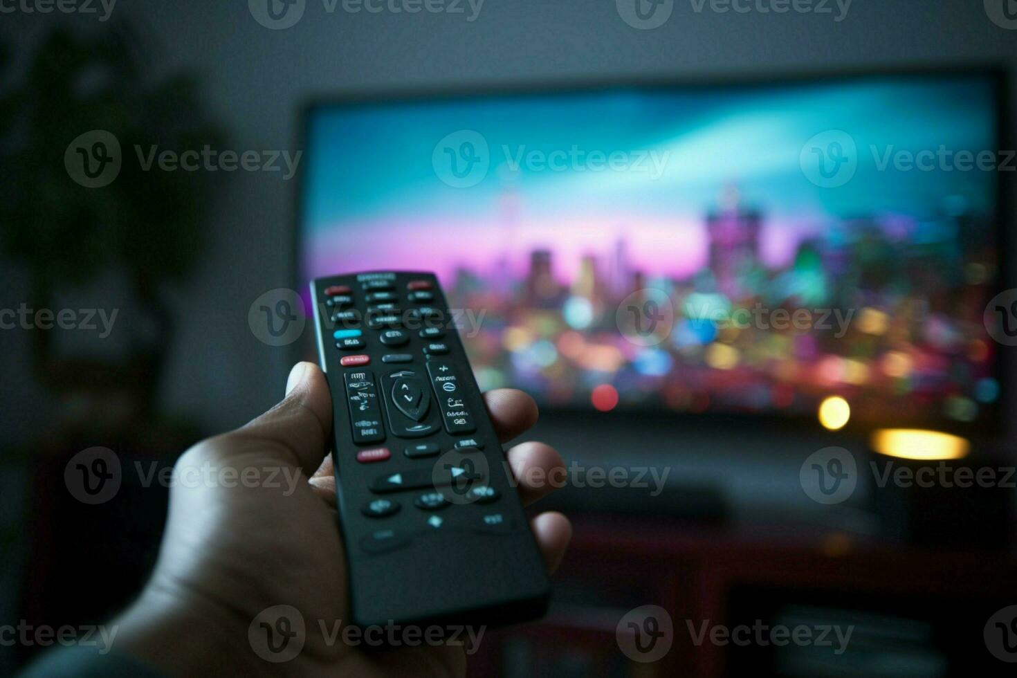 AI generated TV control POV shot captures a mans hand with remote photo