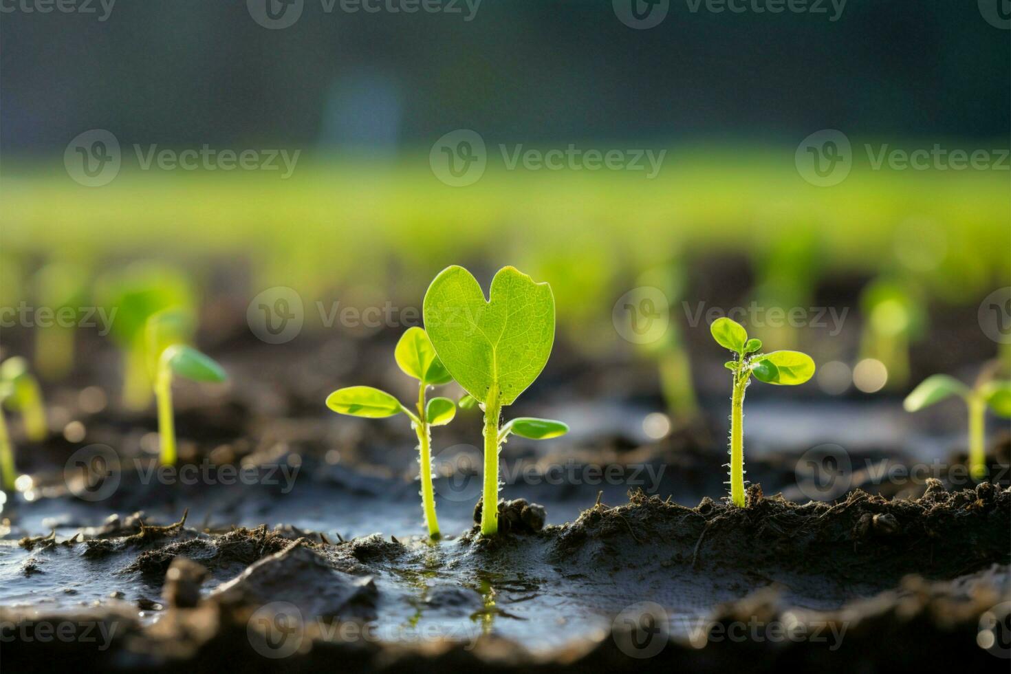 AI generated Green beginnings Organic cucumber seedling germinates in the field with plastic photo