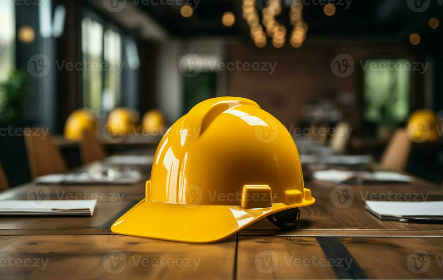 AI generated Safety standard Yellow construction helmet displayed on a dedicated table photo