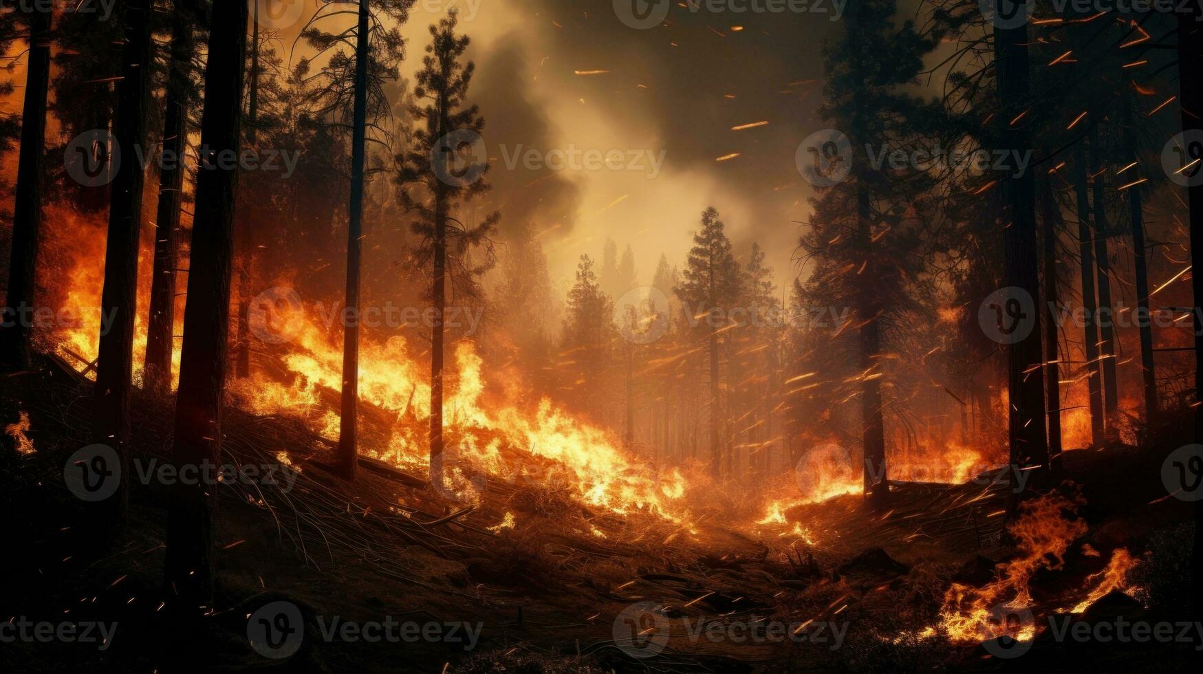 AI generated Wildfire. Forest Fire Causes Massive Destruction. Forest Engulfed in Flames. Disaster. Ecological catastrophe. Burning trees and orange smoke. For awareness campaigns on fire photo