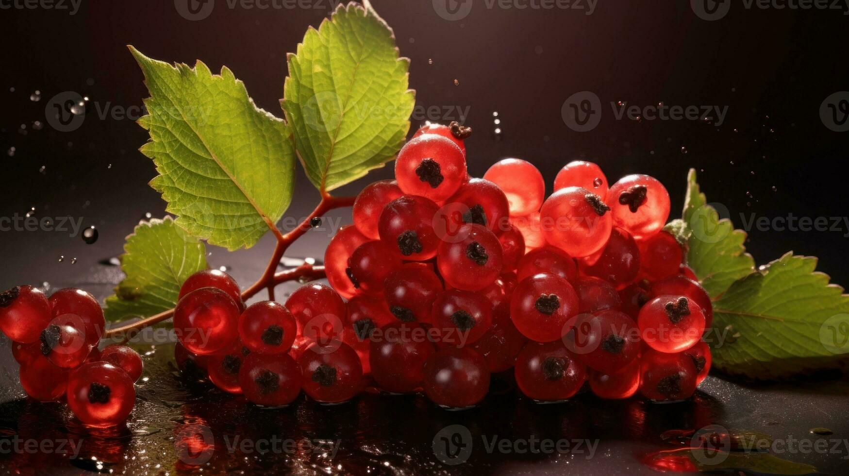 AI generated Fresh Red Currants with Green leaves on Black Background. Perfect for food advertisement, nutrition article, grocery promotion, culinary website, print media, store, supermarket, shop. photo