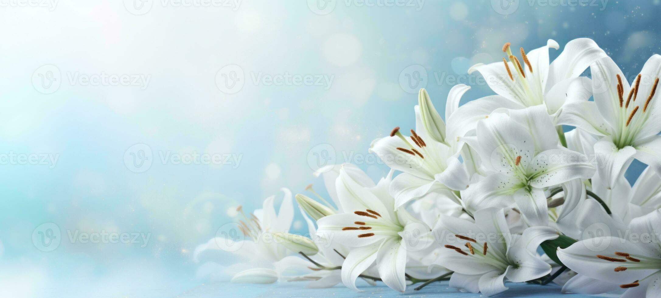 AI generated White lilies bouquet on light blue background with glitter and bokeh. Banner with copy space. Ideal for poster, greeting card, event invitation, promotion, advertising, print photo