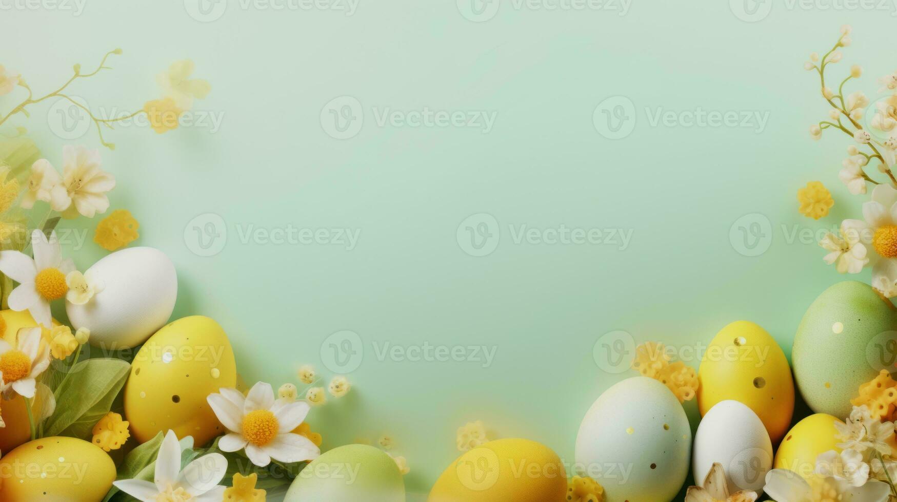 AI generated Frame background with Easter painted Eggs with flowers on light green background. Banner with copy space. Ideal for Easter promotion, spring event, holiday greeting, advertisement photo