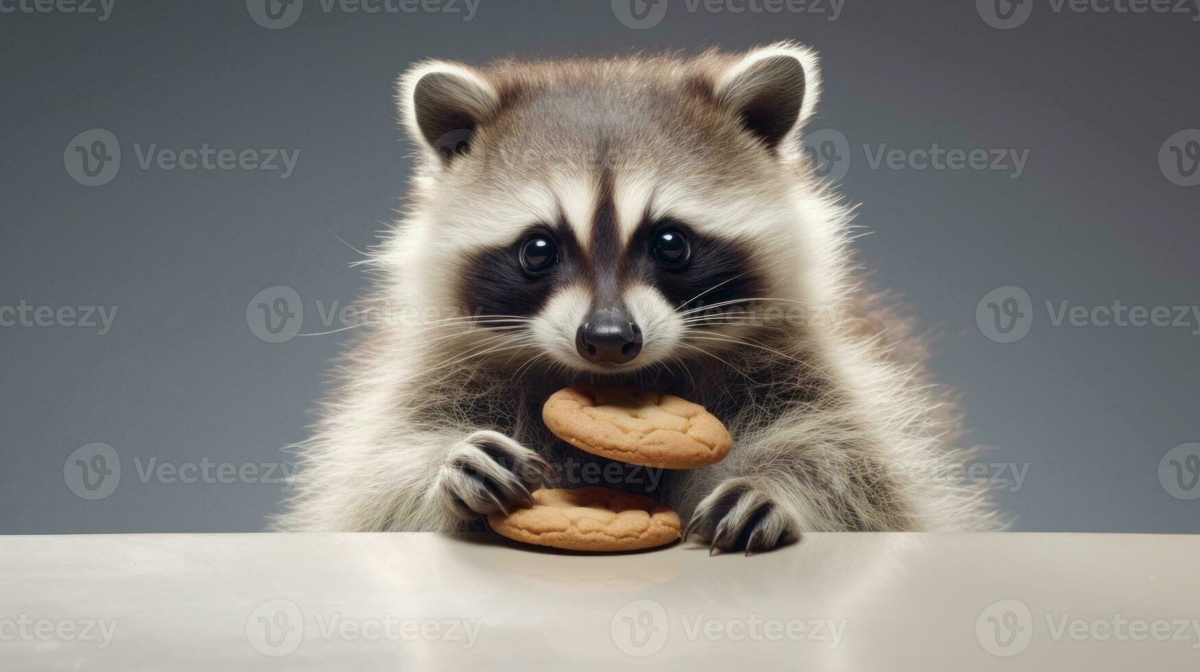 AI generated Cute raccoon with cookie on light background. Perfect for snack ads or funny animal images photo