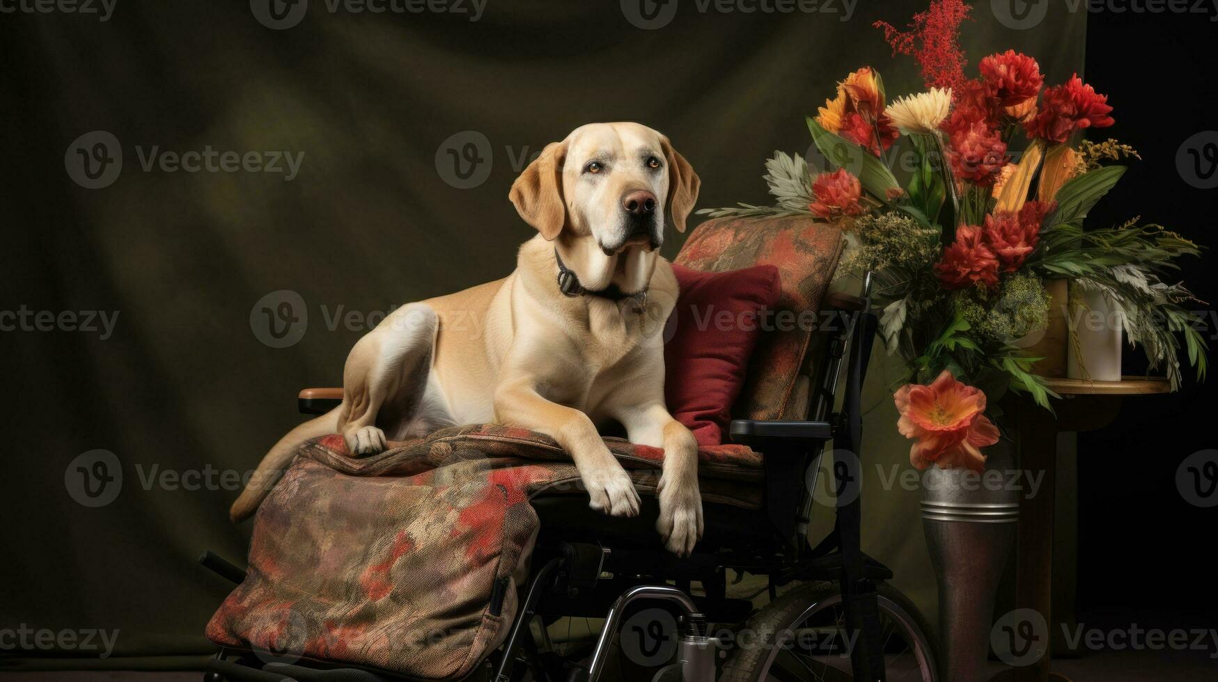 ai generado discapacitado perro Labrador perdiguero en silla de ruedas con floral fondo. ideal para utilizar en mascota cuidado, animal bienestar, o invalidez conciencia contenido. terapia animales para personas en necesitar foto