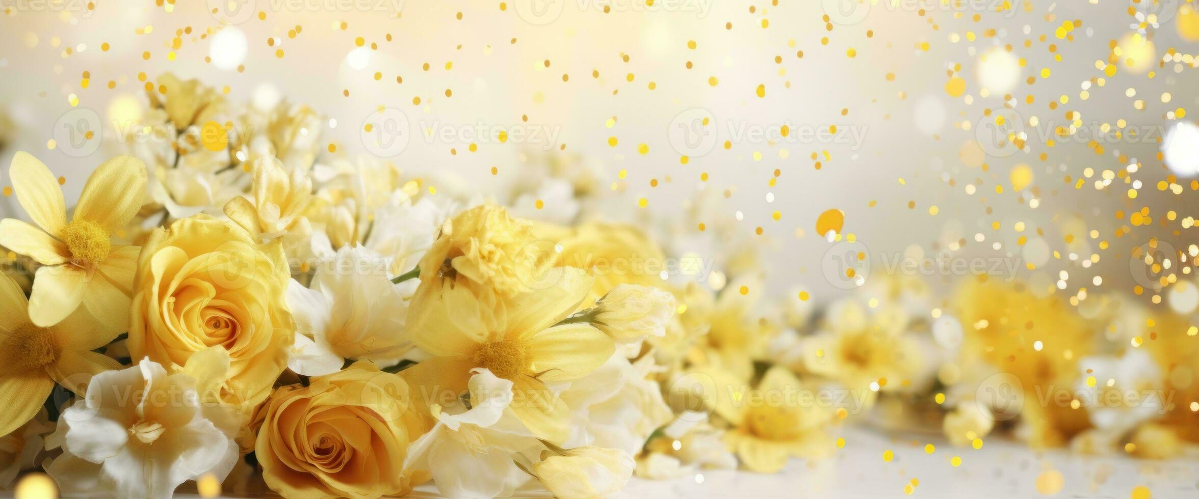 AI generated Yellow white bouquet of flowers on light background with sparkles and bokeh. Banner with copy space. Perfect for poster, greeting card, event invitation, promotion, advertising, print photo