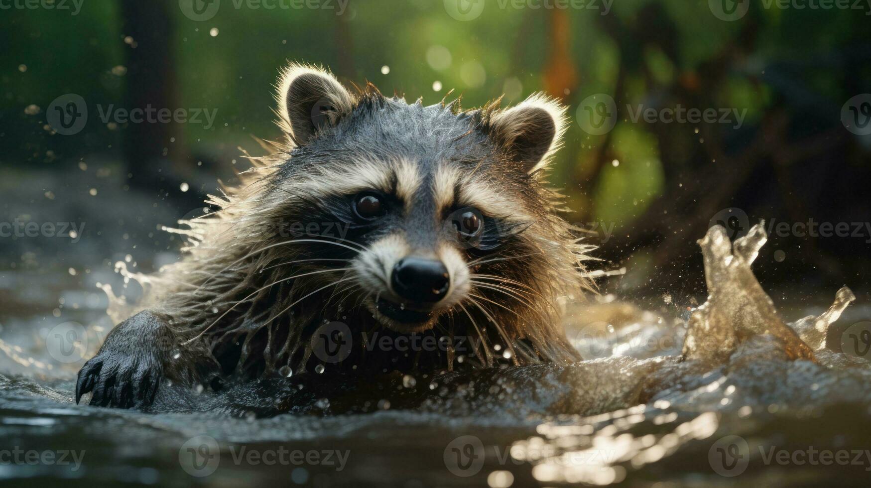 AI generated Raccoon in water, showcasing wildlife in action amidst splashes, in bright, clear setting. Suitable for wildlife photography, conservation awareness, or as study material for biology photo