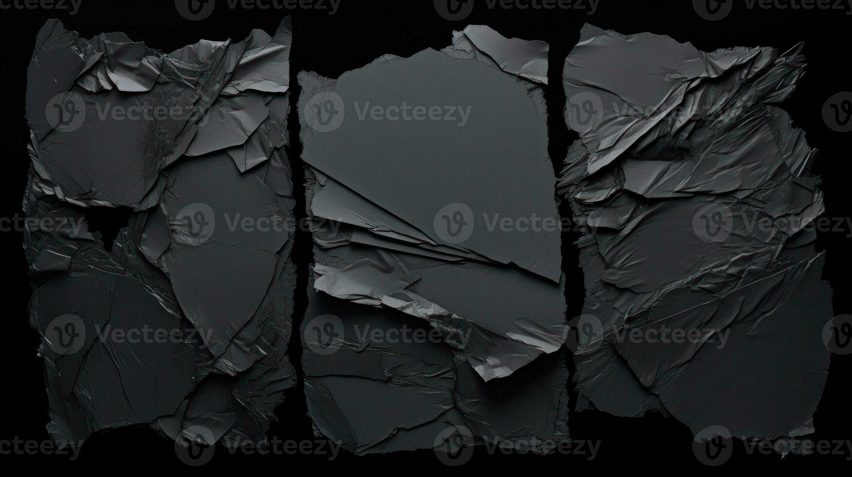 AI generated A collection of folded black papers, each with a distinct pattern of wrinkles, creating a textured effect. Suitable for backgrounds or layer effects in designs photo