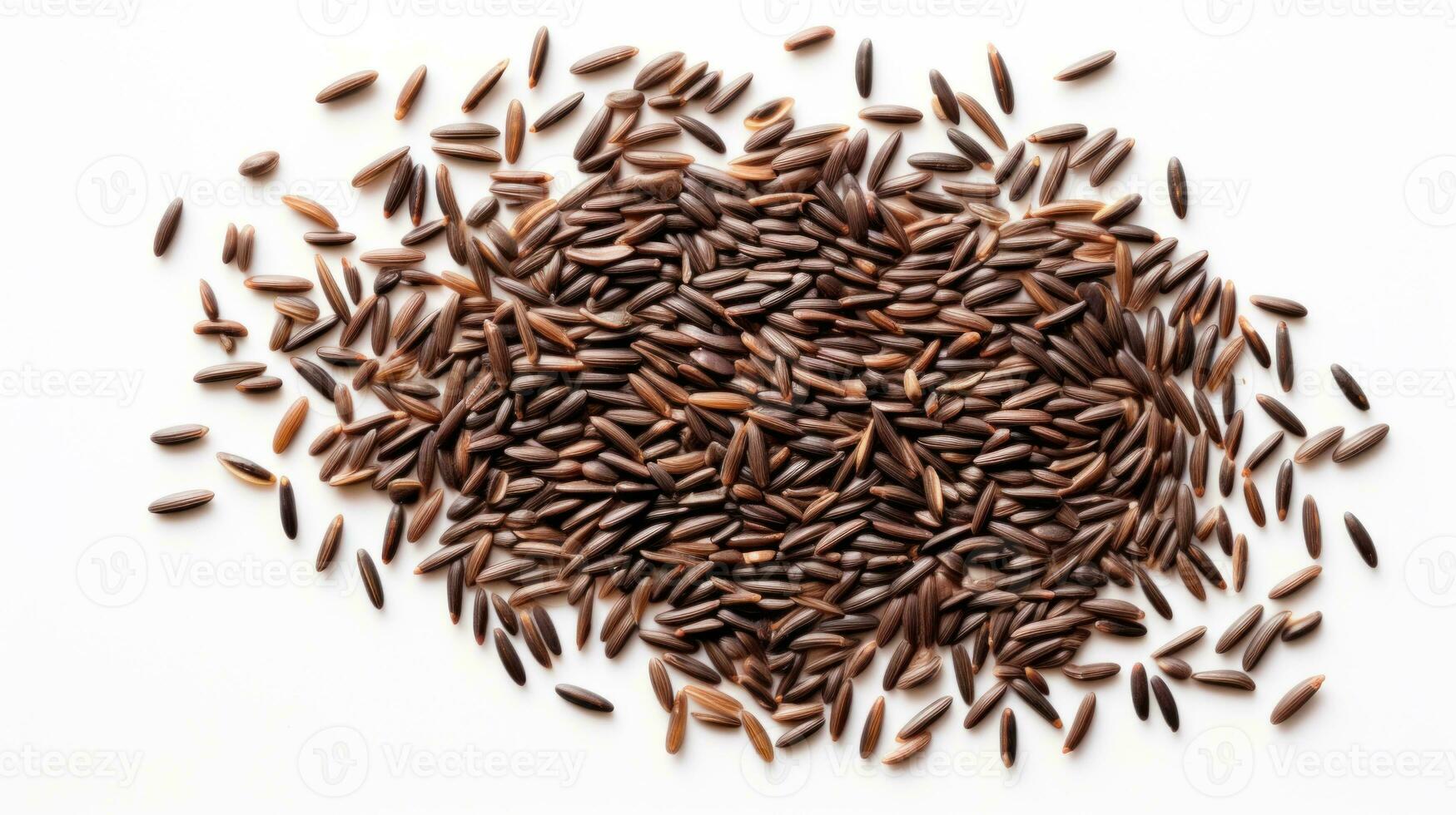 AI generated Black rice grains on white background. Top view. Wild rice texture. Ideal for food and nutrition related content. Ideal for use in culinary and health-related designs photo