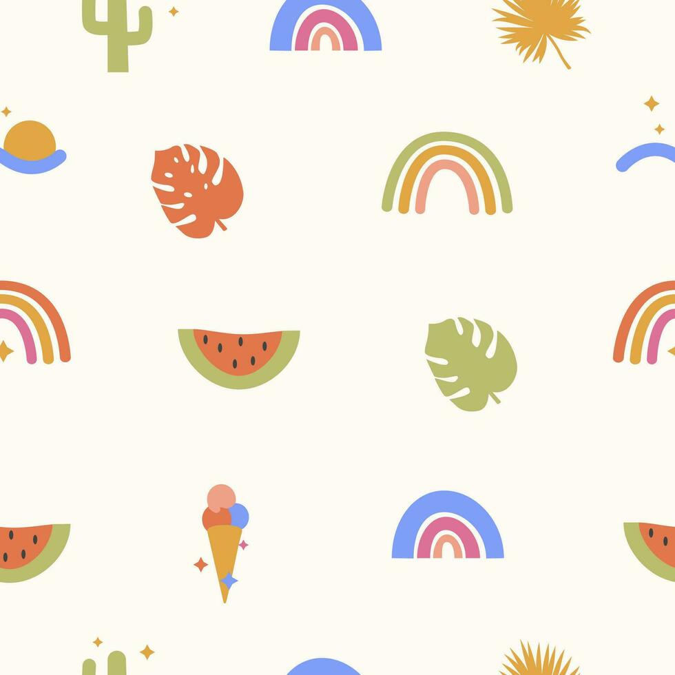 Boho modern Tropical Summer Seamless Patterns with abstract geometric elements and tropical floral palm leaf in bright colors. Trendy boho shapes in contemporary flat style. Vector Backgrounds