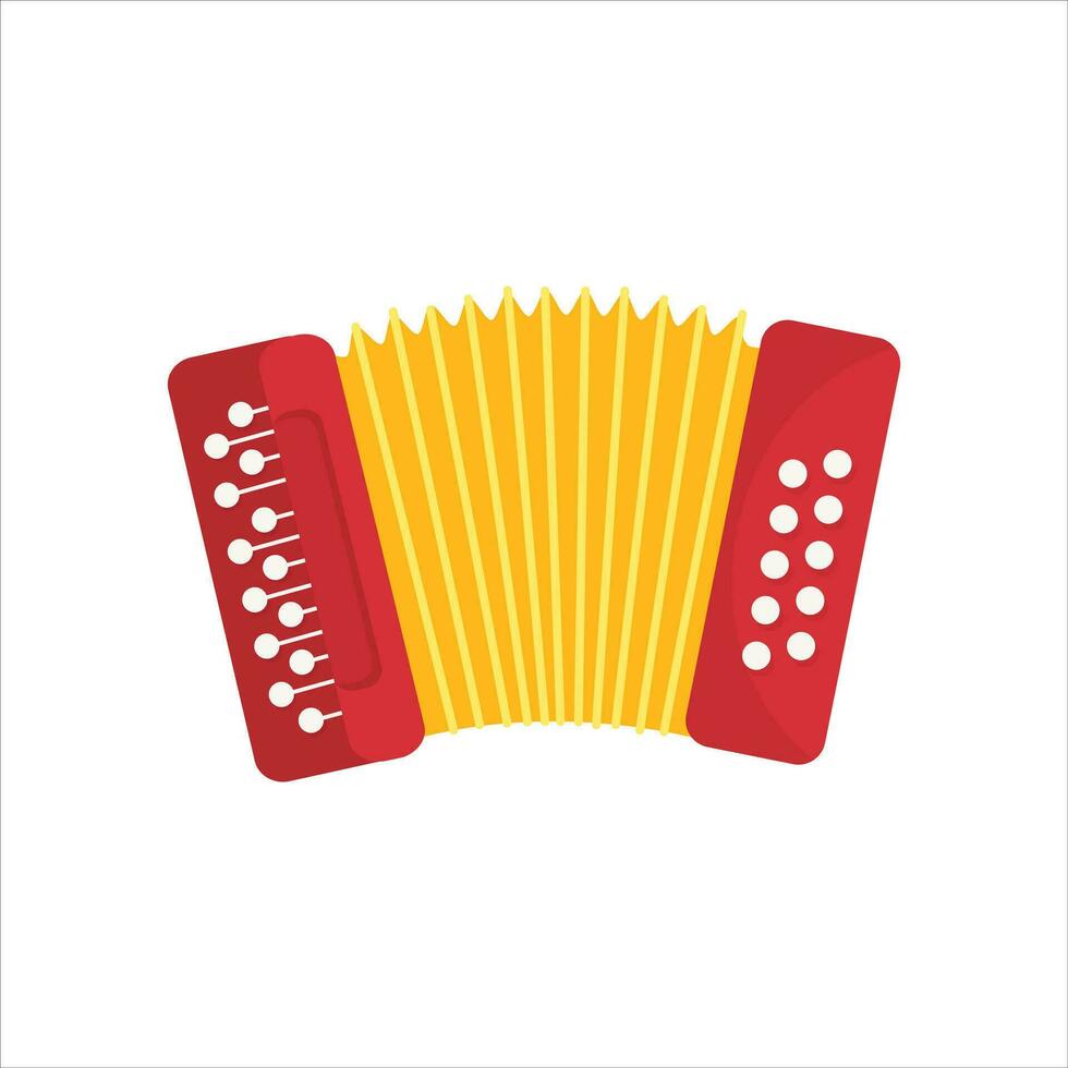 Chromatic Button Accordions or Russian Bayan, Flat Folk Ethnic Musical Instrument isolated on white. Cartoon vector Harmonic or Jews-harp in red and yellow color.