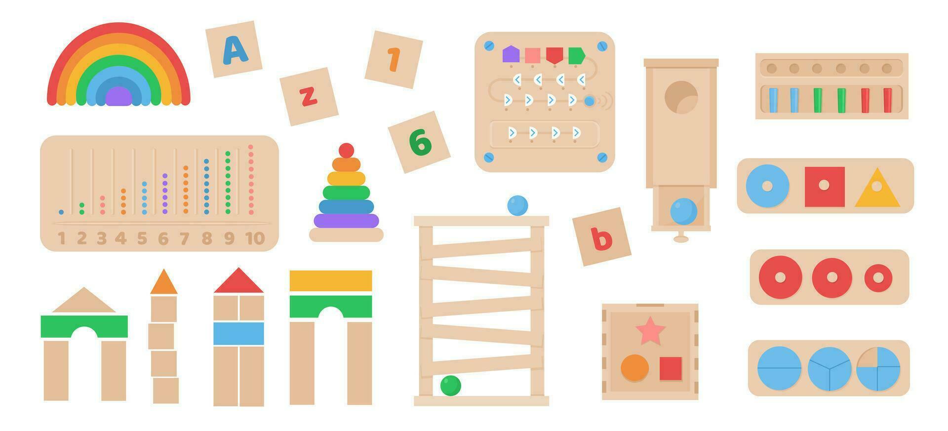 Vector Set of Montessori style toys. Children wooden eco friendly logic games for preschool kids. Playthings for baby development. Collection of educational elements for early childhood development.