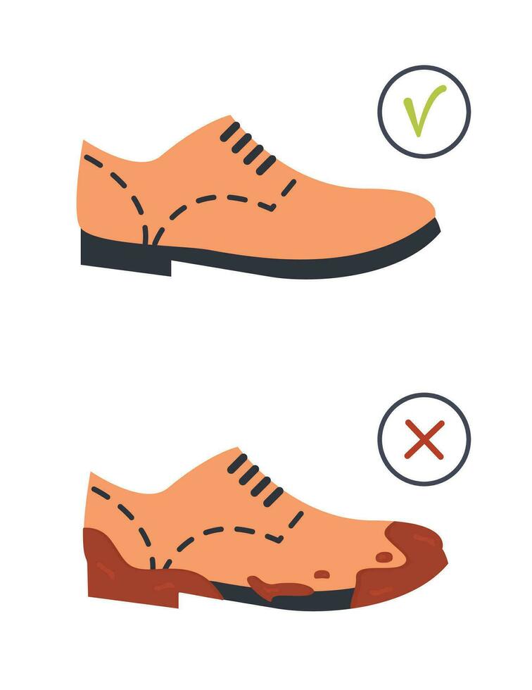 inmundo sucio y limpiar calzado. marrón color plano único de moda acento irlandés, Oxford o derby zapatos. lodoso botas. vector plano ilustración aislado en blanco. concepto para comercio, clínica o hospital.