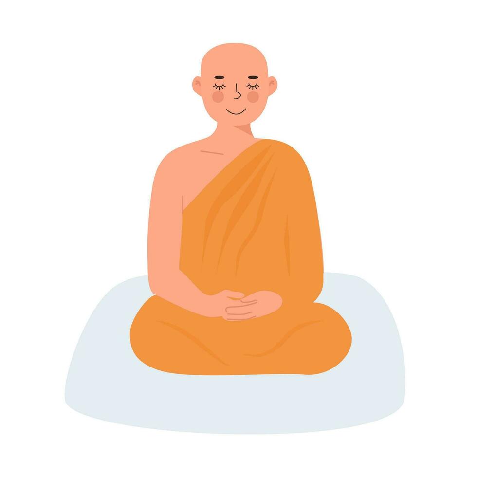 Cute Peaceful Buddhist Theravada Thai Monk in yellow robe meditating in lotus posture with closed eyes. Meditation and yoga practicing. Zen. Flat vector character isolated on white background.