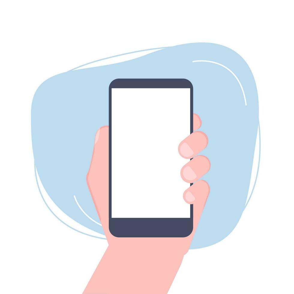 Hand holding a phone with blank screen. Smartphone in arm isolated on white background. Vector illustration in flat style.