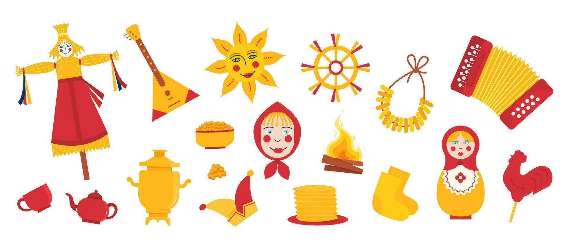 Set of elements for Maslenitsa Pancake Week. Doll in ethnic dress with straw head. Samovar, accordion, folk sun, balalaika and bublik. Traditional Winter Festival. Slavic Holiday Shrovetide. Vector. vector