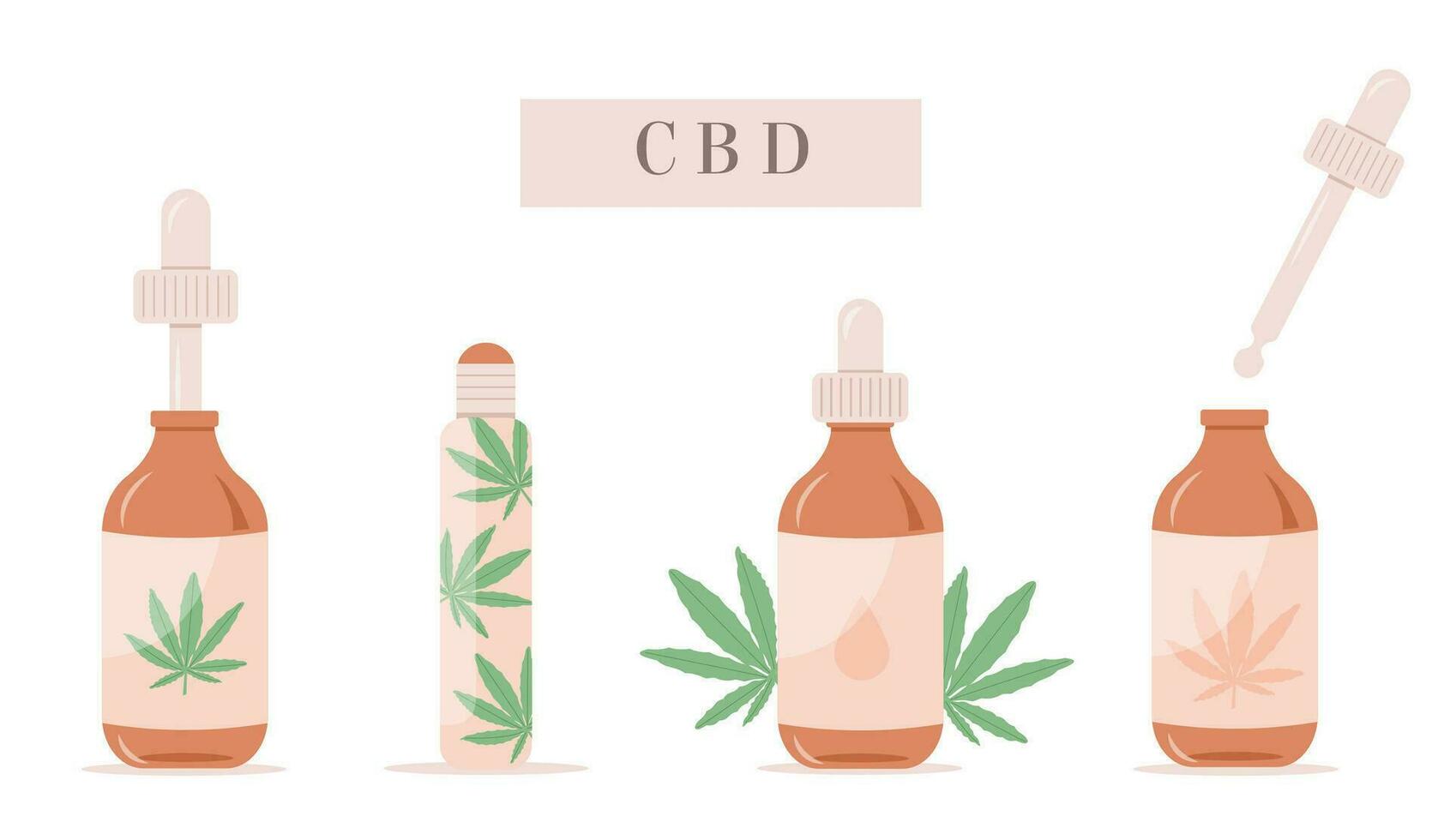 Vector Set of CBD oil bottles. Remedy for stress, anxiety, pain. Hemp extracted Roller. Collection of alternative medicine for relaxation. Cannabis plant. Pastel flat illustration with Marijuana leaf.