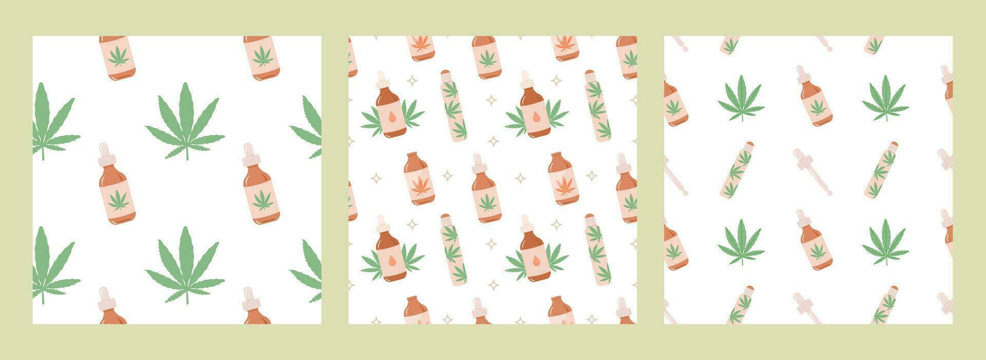 Set of CBD oil seamless patterns in pastel colors. Hemp oil bottle with dropper, roller and green cannabis leaves vector background. Natural remedy, marijuana for medical design in pastel colors.