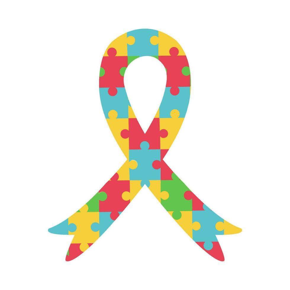 International Autism Awareness Day Banner. Ribbon with colorful puzzle pieces pattern. Jigsaw mosaic as symbol of Autistic people. Social Difficulty. Mental disorder. Vector banner or poster on white.