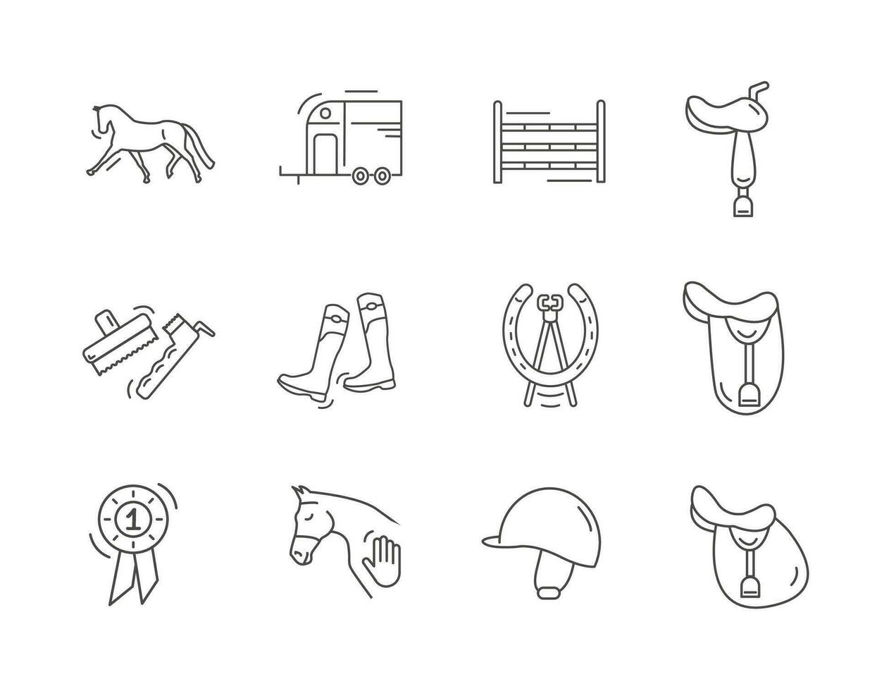 Equestrian icon lined art set. Collection of outlined horse riding icons. Vector illustration on white background.