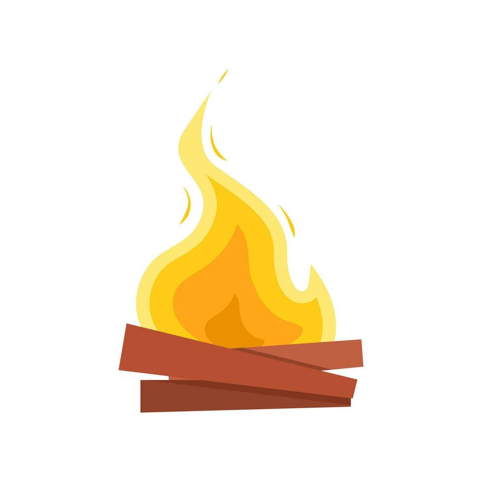 Burning campfire or bonfire on wooden logs isolated on white background. Design element of flame on firewood. Orange cartoon blaze. Colorful flat vector illustration.