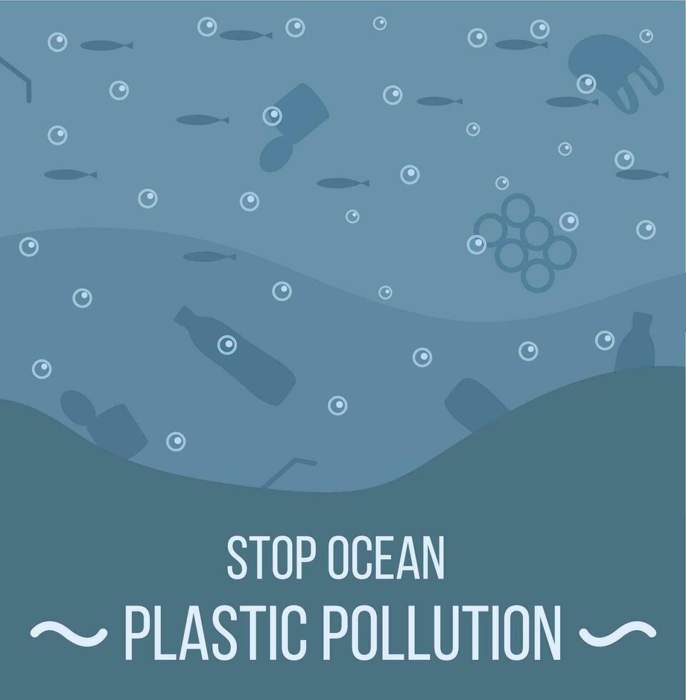 Ocean with aquatic animals and plastic garbage floating in water. Environmental issue or ecology problem of marine pollution, rubbish in sea. Vector illustration in flat cartoon style.