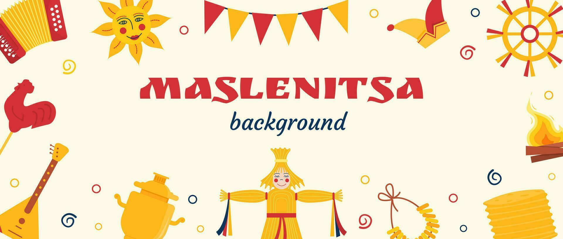 Web Banner for Pancake week. Russian Translation - Maslenitsa. Doll in ethnic dress with head from straw. Samovar, balalaika, bayan, folk sun. Slavic Holiday Shrovetide. Vector illustration.