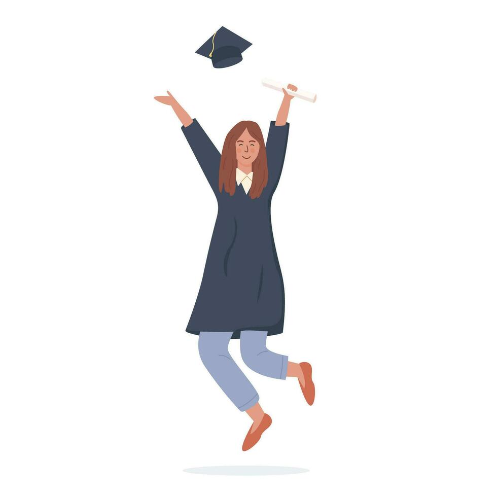 Happy female student joyfully jumping and holding diploma vector flat illustration. Smiling woman wearing robe and cap isolated on white background. Graduated person celebrating end of studies.