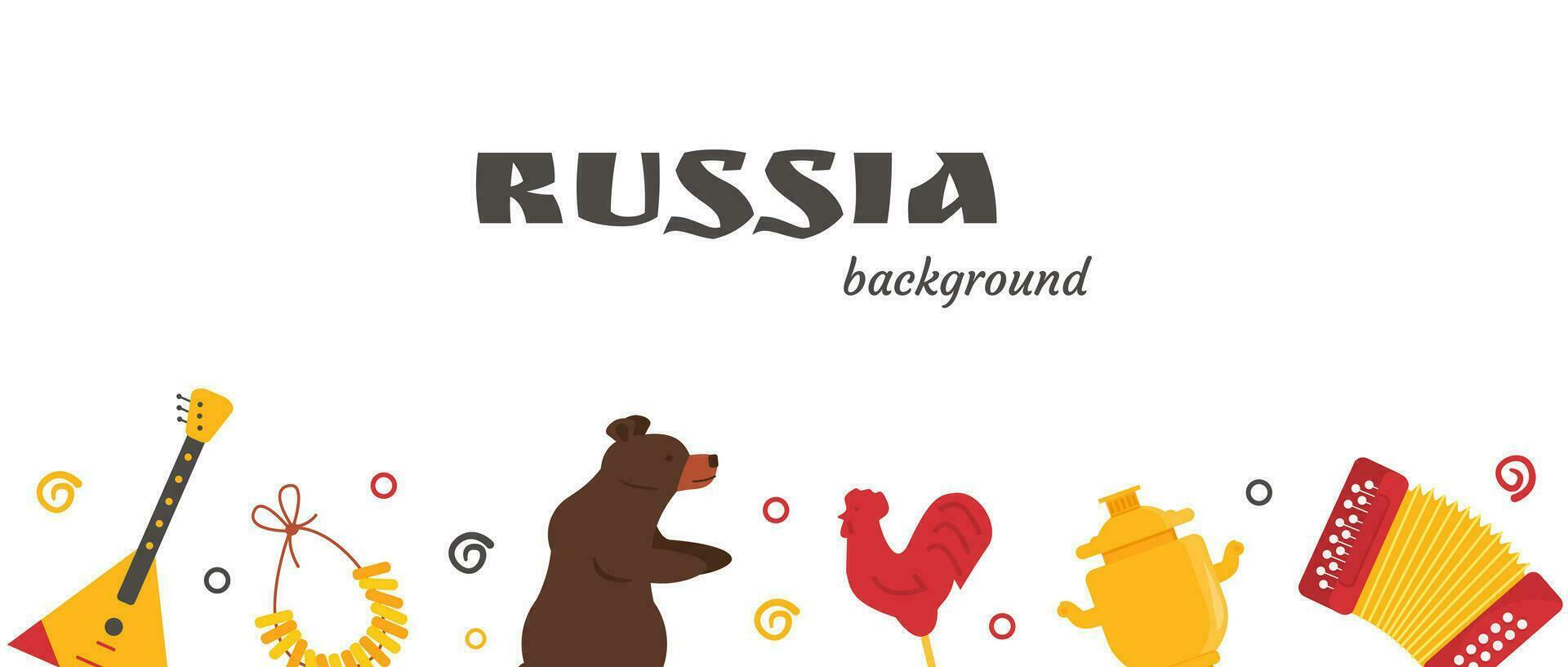 Banner with Russian national attributes isolated on white background. Russia background with typical USSR symbols - balalaika, accordion, bear, bubliki, lollipop and samovar. Cartoon flat vector. vector