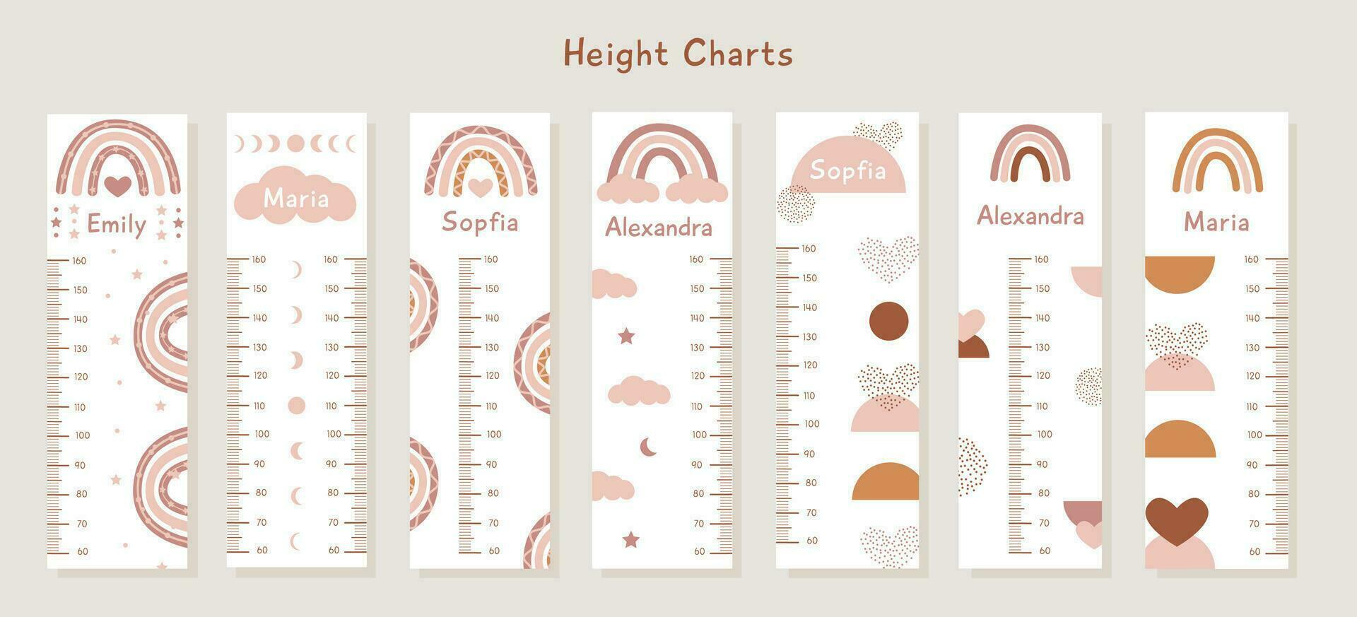 Big Vector Set of kids height charts with abstract boho shapes and rainbows in terracotta colors. Meter wall with trendy design. Children growth chart. Bohemian earthy celestial elements for nursery.