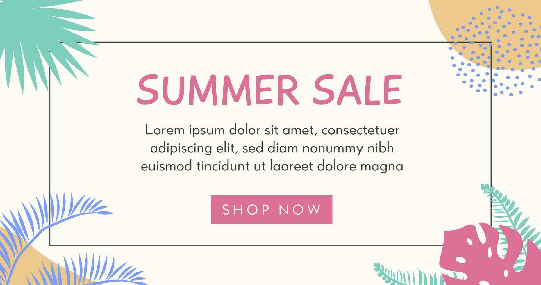 Colorful summer banner with tropical leaves. Trendy abstract horizontal poster template with palm and geometric element pattern. Modern summer sale background design, discount voucher, ad. Vector flat