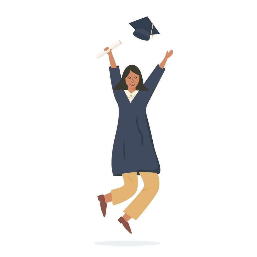 Happy female student joyfully jumping and holding diploma vector flat illustration. Smiling woman wearing robe and cap isolated on white background. Graduated person celebrating end of studies.