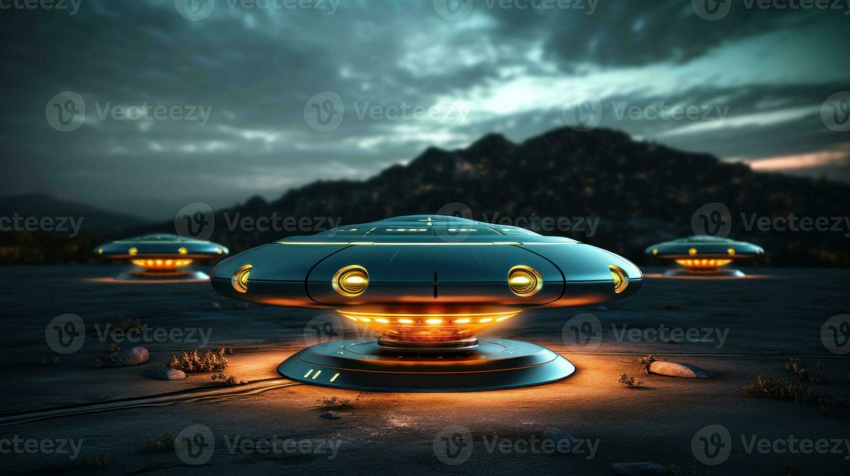AI generated Illuminated UFOs close up, against a mountainous backdrop under a stormy sky. Futuristic alien spaceships. Suitable for science fiction or paranormal themes. photo