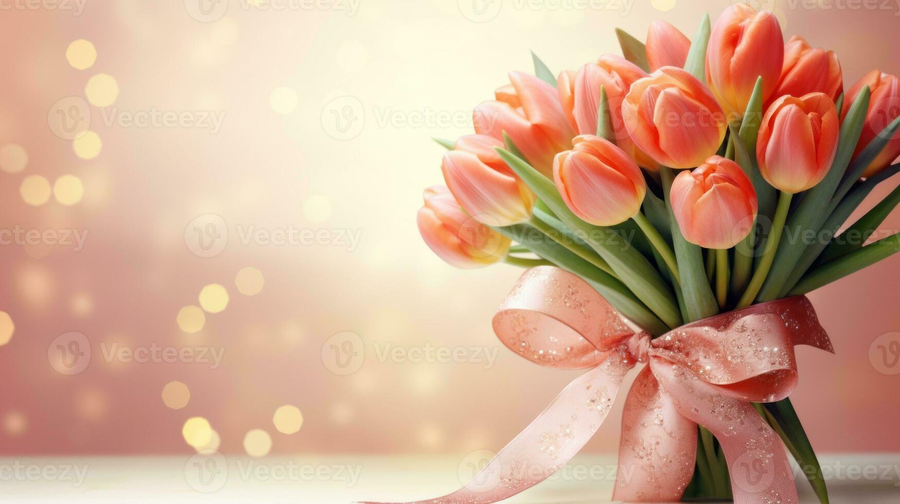 AI generated Peach pink tulips bouquet with ribbon bow on light background with bokeh. Banner with copy space. Perfect for poster, greeting card, event invitation, promotion, advertising, print photo