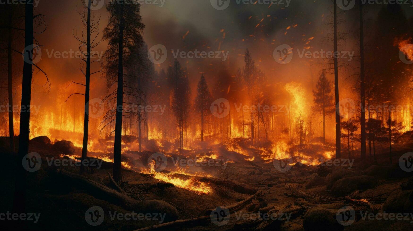 AI generated Wildfire. Forest Fire Causes Massive Destruction. Forest Engulfed in Flames. Disaster. Ecological catastrophe. Burning trees and orange smoke. For awareness campaigns on fire safety photo