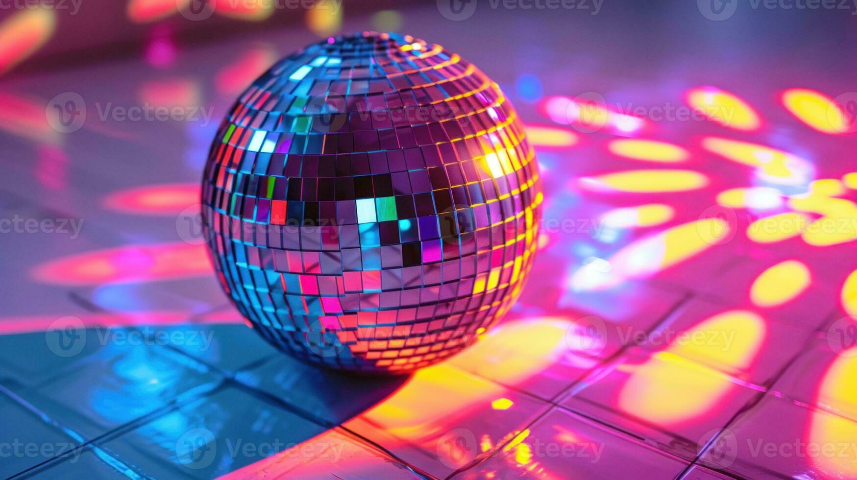 ai generado un clásico neón disco pelota refleja vistoso luces en un danza piso, ideal para fiesta y evento temas foto