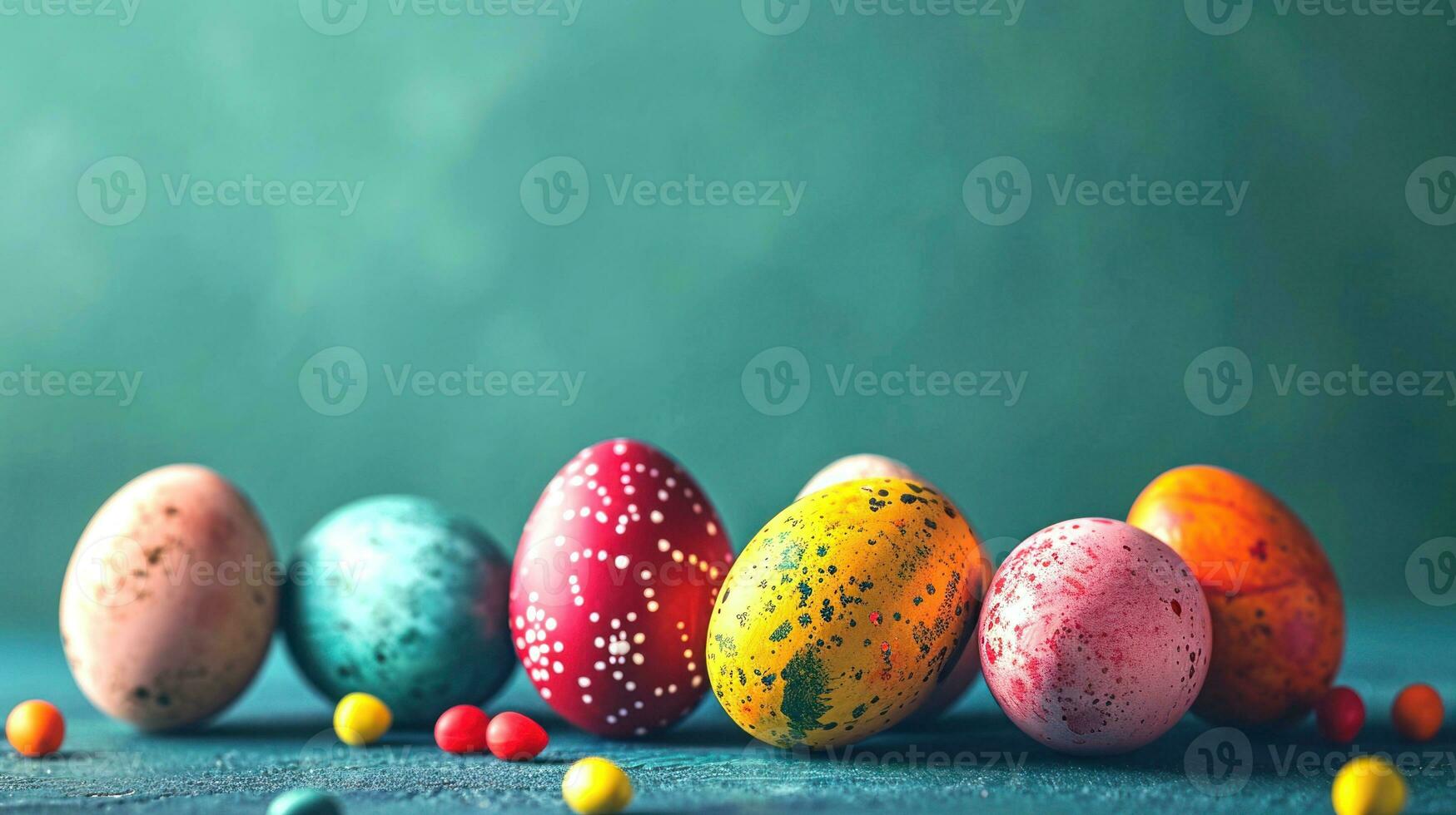 AI generated Colorful painted Easter Eggs with various patterns on emerald teal Background. Banner with copy space. Ideal for Easter promotions, spring events, holiday greetings, advertisements photo