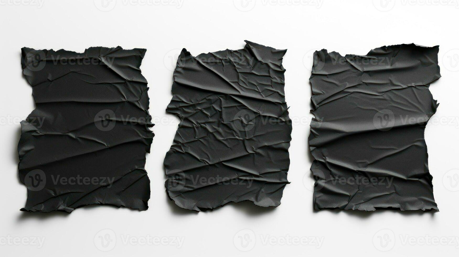 AI generated Three pieces of black paper with crumpled texture and torn edges, isolated on a white background. Ideal for texture and layer effects in graphic design photo